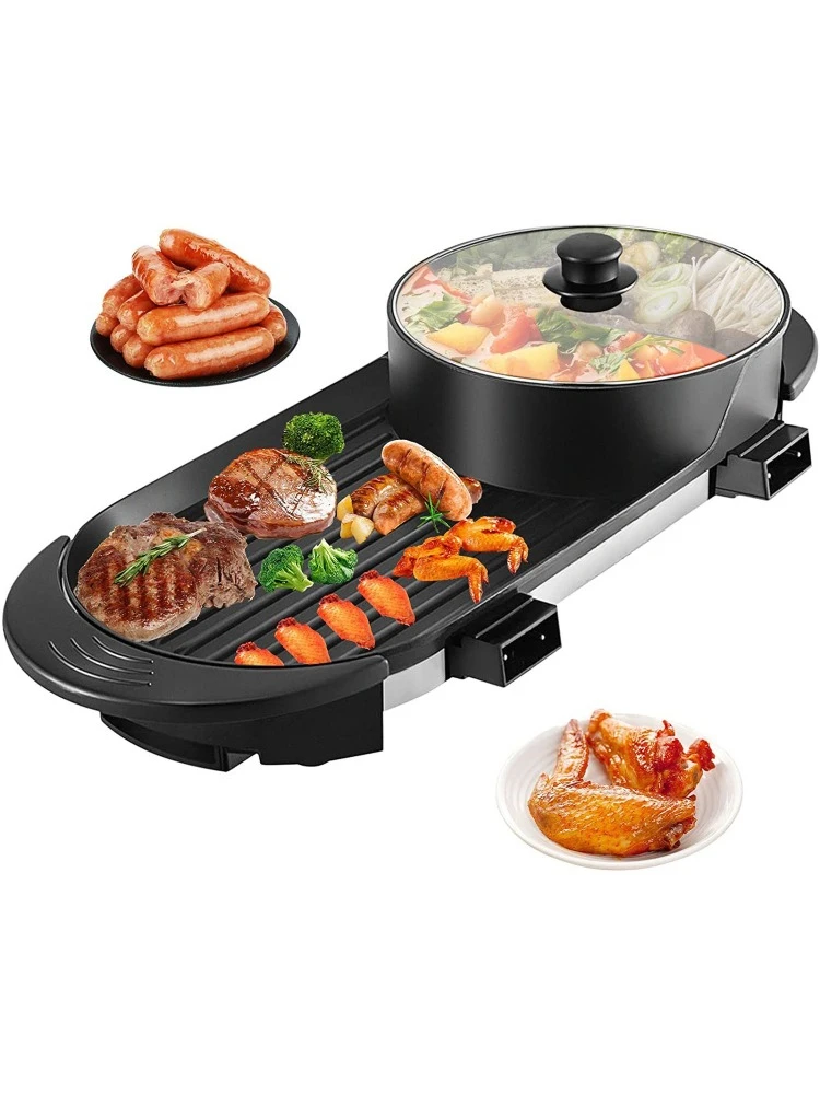 

2-in-1 grill and hot pot with divider, independent dual constant temperature iron plate grill pot