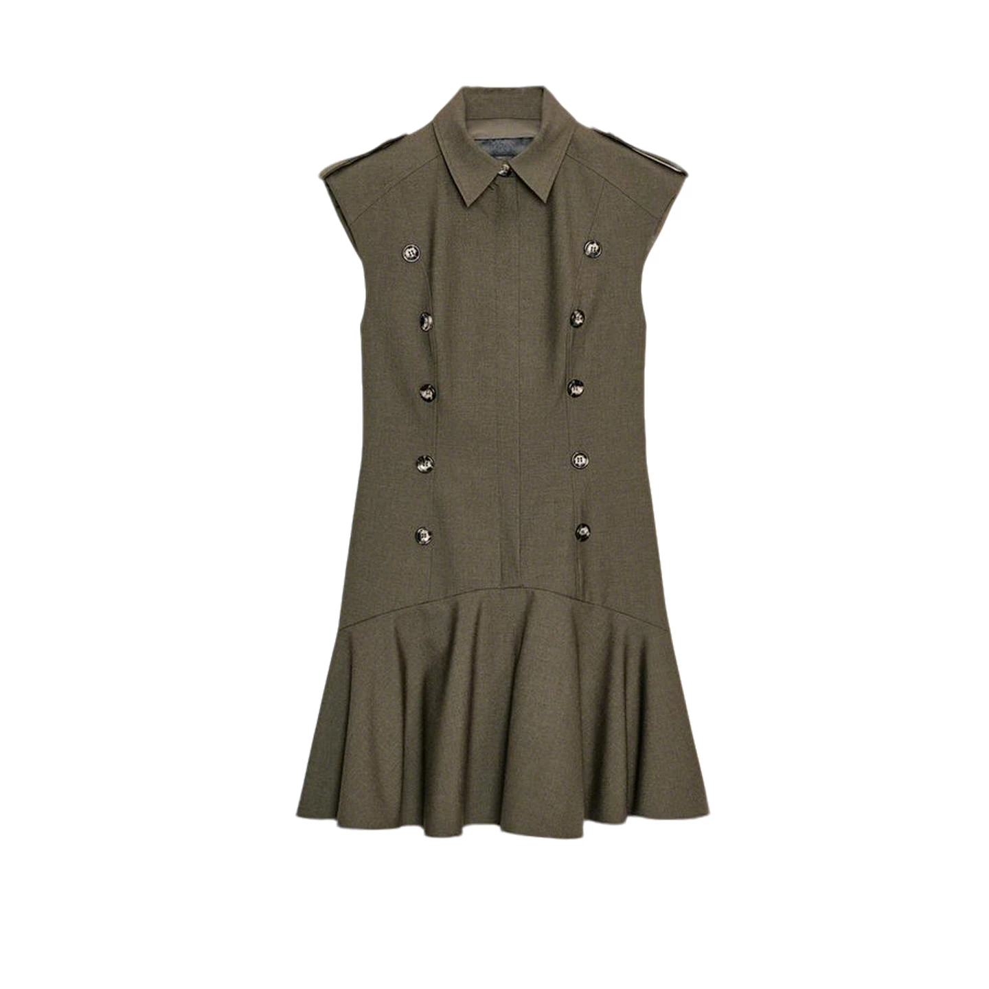 Novo Vestido Curto F de Inverno com Gola Virada, Sem Mangas, com Ombreiras e Decoração em Camadas, Silhueta Evasê, Est...