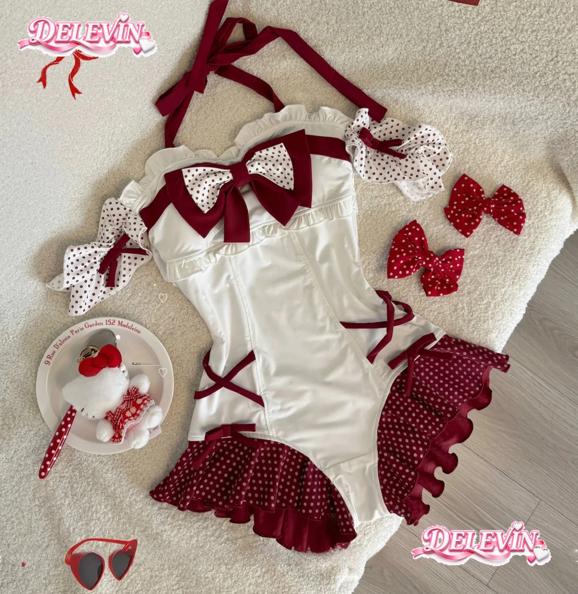 Sweet Girls Red Bikini Women Lolita Polka Dot Strap Big Bows Seaside Vacation Swimsuit Women One-Piece Swimsuit Bathing Suit