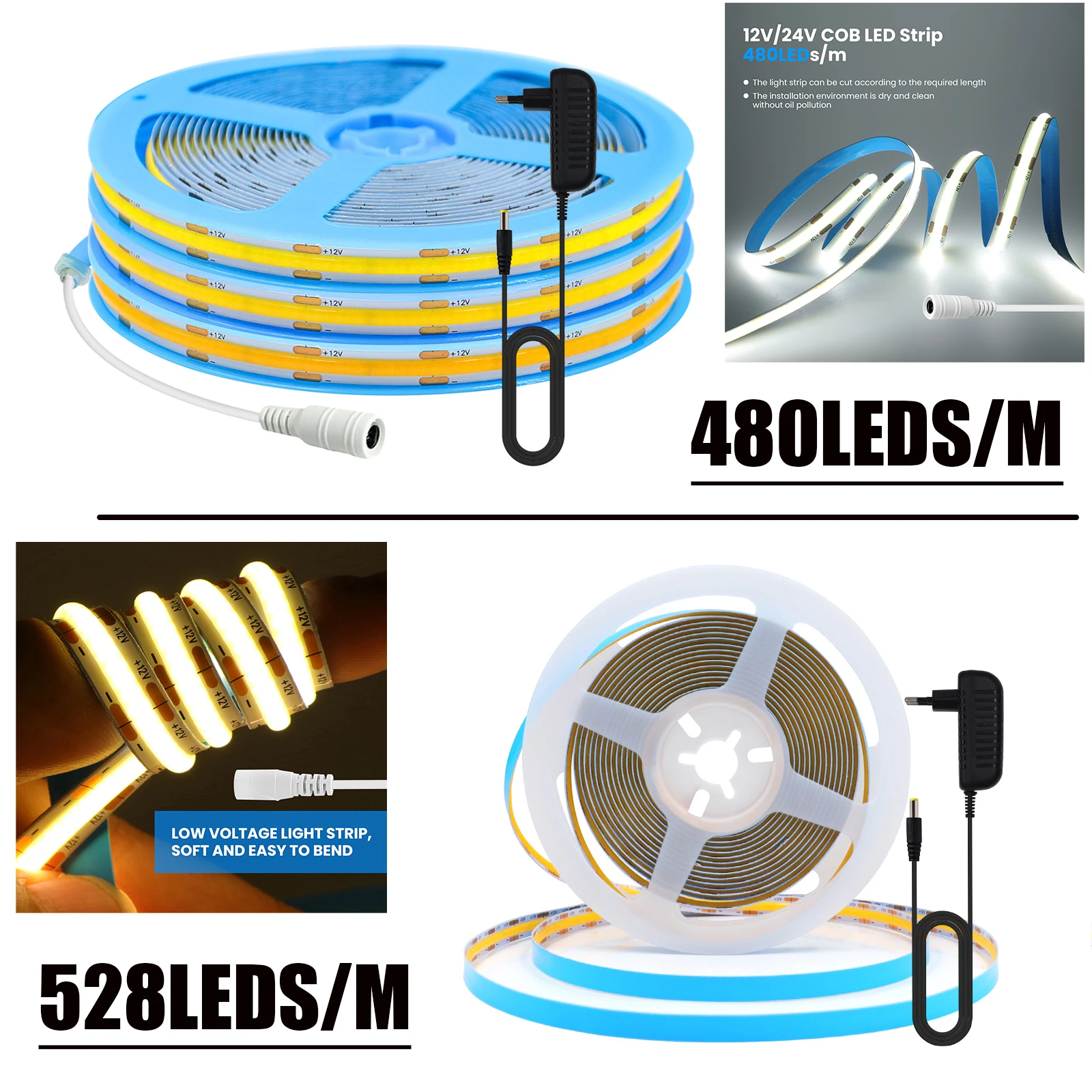 DC 12V 24V COB LED Strip 528 320LEDs/M Flexible High Bright Dotless Led Tape Diode Flexible Ribbon With EU Power Adapter