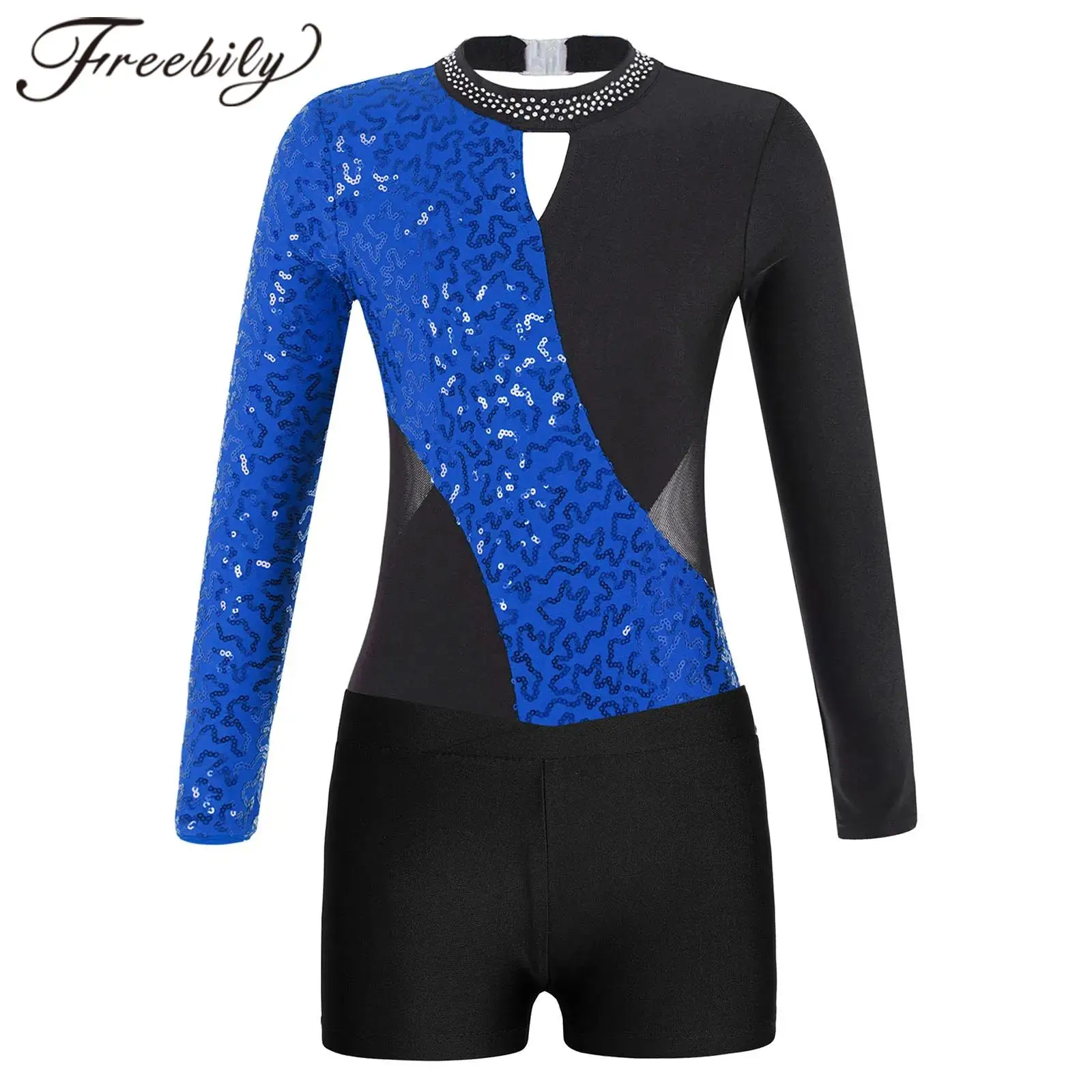 

Children Gymnastics Leotards for Girls Long Sleeve Shiny Sequins Patchwork Ballet Dance Outfit Kids Skating Bodysuit with Shorts