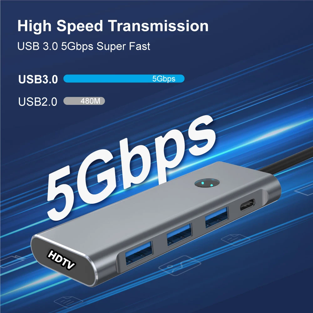 8-in-1 USB C Hub 4K60Hz HDTV Screen On Off Switch 3 USB 3.0 5Gbps SD TF Reader PD 100W Aluminum for Laptop Home Office Portable