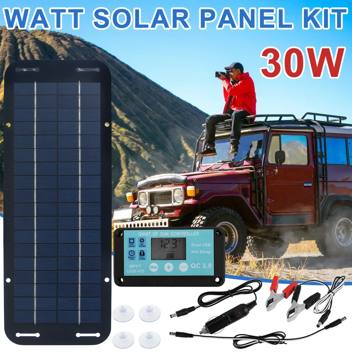 Solar Panel Kit 12V 30W IP65 Waterproof Solar Trickle Charger Portable Monocrystalline Solar Powered Battery Charger with