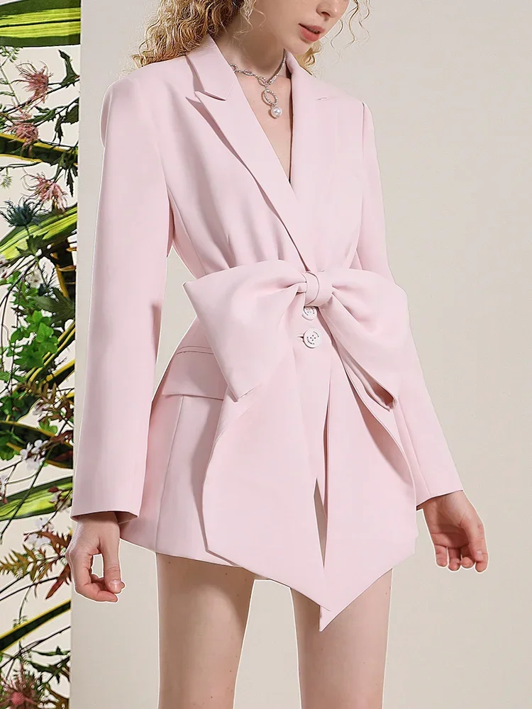 Sweet Pink Suit Jacket 2023 Autumn New Luxury Big Bow Waist Mid-Length Suit Blazer Jacket Elegant Business Ol Coats Dress Femme