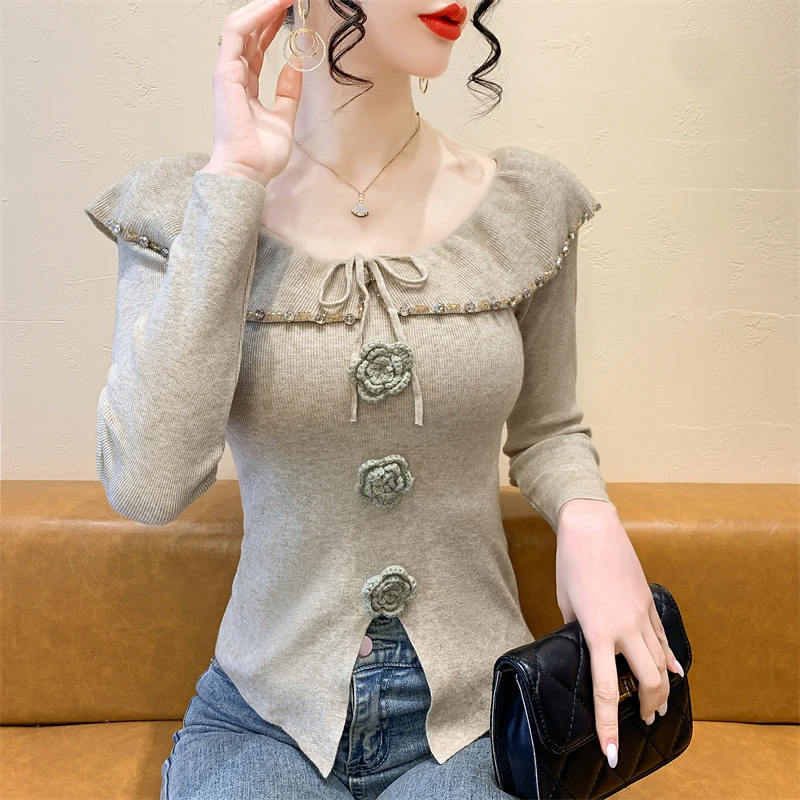 Elegant Flower rhinestone Knitted Sweaters Korean Gentle Slim Chic Neck Y2k Aesthetic Ins Solid Pullover Women