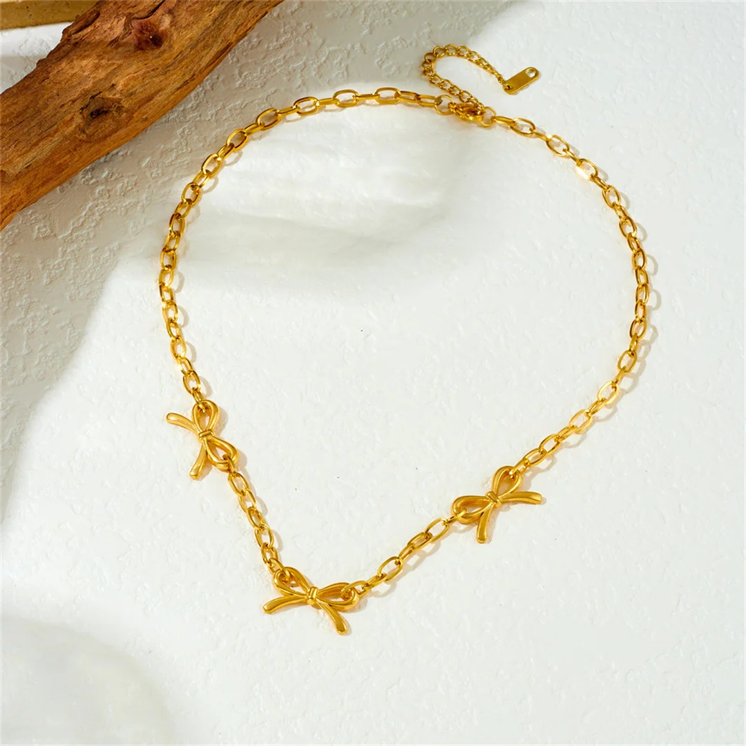 Punk Fashion Bow Bowknot Charm Pendant Female Gold Color Stainless Steel Chain Link Necklace for Women Vintage Jewelry Gift 2026