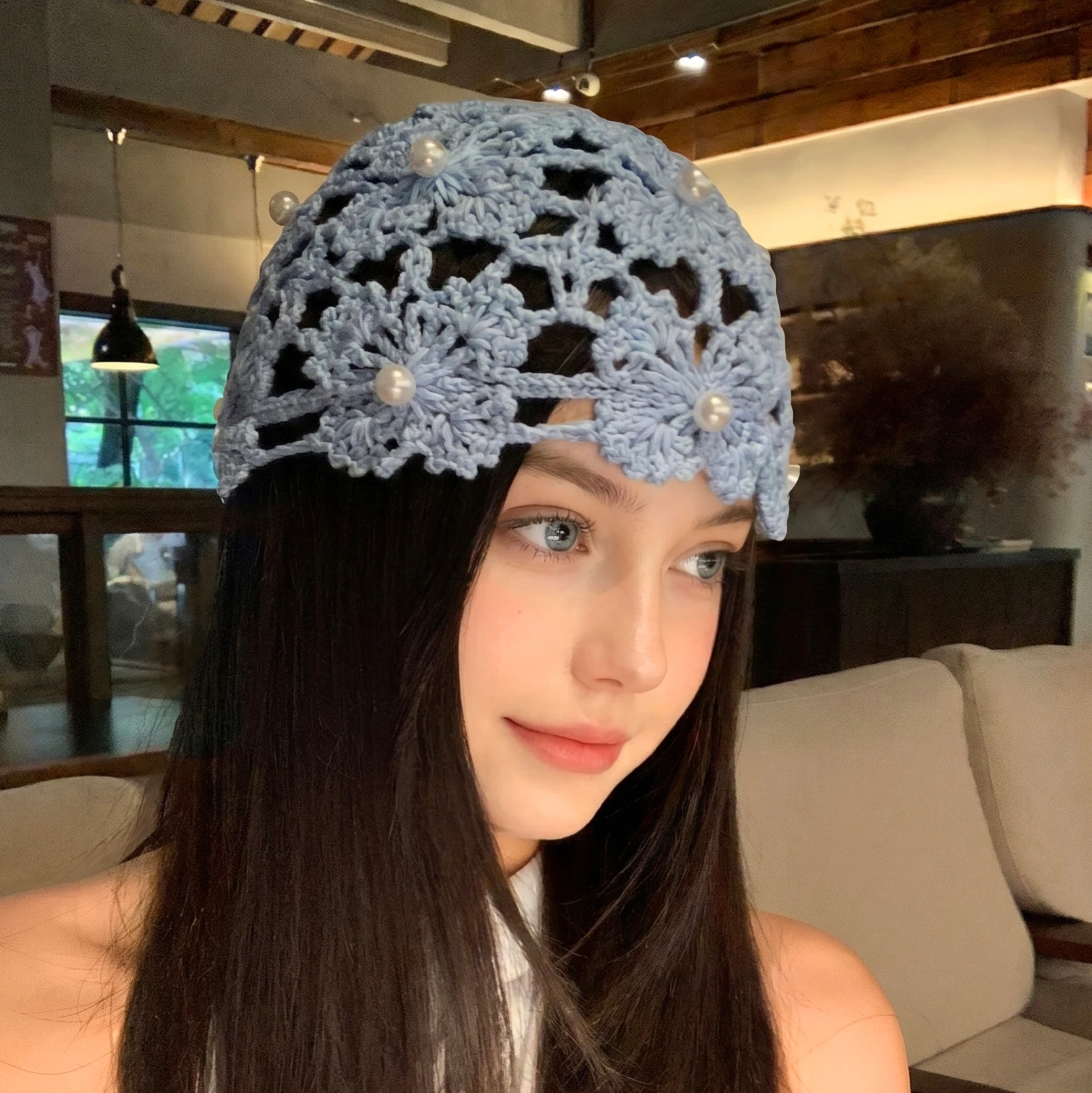 Crochet Hat Women Hollow Flower knitted Hat Fashion Beaded Pullover Hat Sweet Pearl Tassel Beanie Mesh Bandana Hat