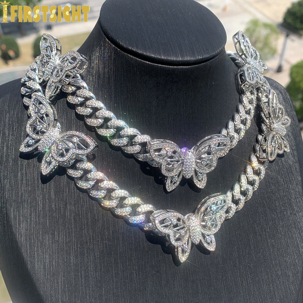 

Iced Out Bling CZ Butterfly Necklace Silver Color 12mm Miami Cuban Link Chain Animal Choker Hip hop Women Jewelry