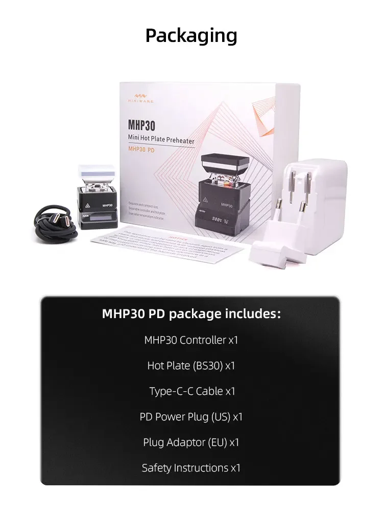 MINIWARE MHP30 Mini Verwarmingsplaat Voorverwarmer 30*30mm Verwarmingsoppervlak Constante Temperatuur Verwarmtafel 300 ℃ Intelligente verwarmingstafel