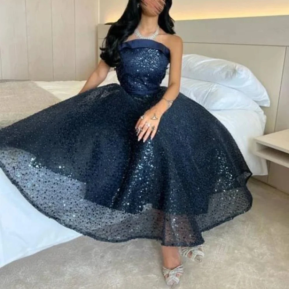 

Exquisite Sequin A-Line Evening Dress Strapless Sleeveless Tea-Length with Belt Customized Women Party Guest vestidos de gala