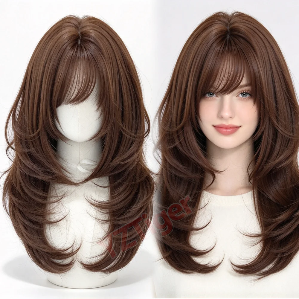 Chocolate Brown Layered Wig for Women Wavy Wigs with Air Bangs Heat Resistant Synthetic Hair Wig for Daily Wear Party Cosplay