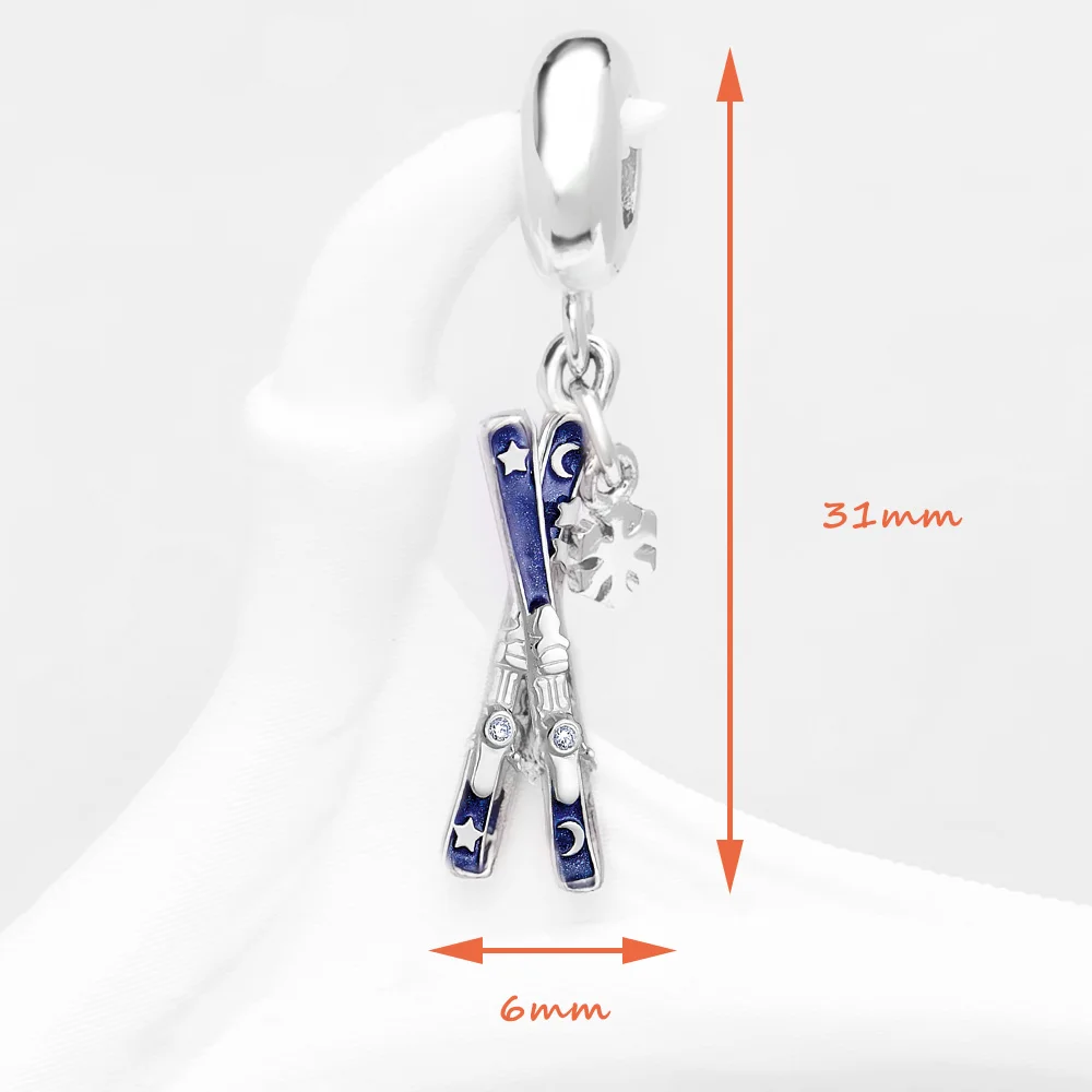 Blue Crossed Ski with Snowflake Dangle Charm For Women Men 925 Sterling Silver Winter Brand New Sport Gift
