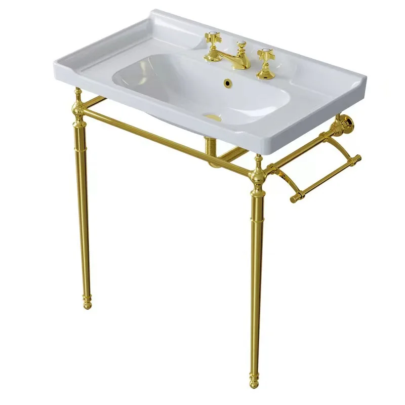 Vintage Simple Floor Standing Washbasin Gold Copper Bracket Washbasin Bathroom Cabinet