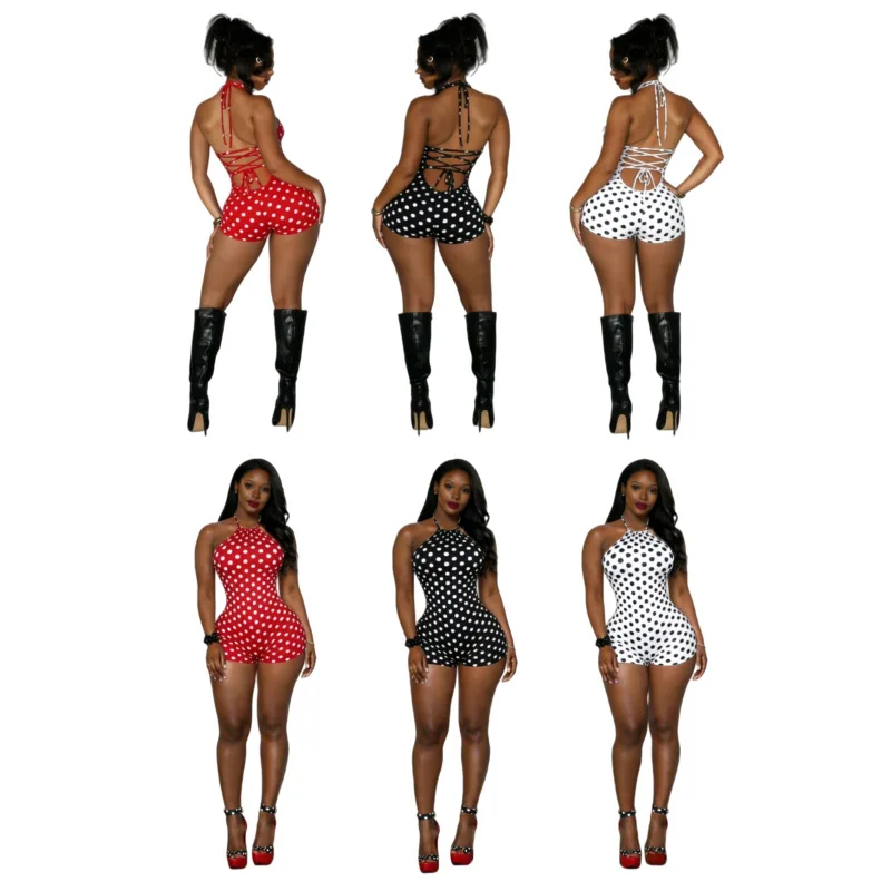 Women's Sexy Polka Dot Spaghetti-Strap Jumpsuit Backless Jumpsuit Polka Dot Print Retro-Style Jumpsuit Nightclub and Party Suit