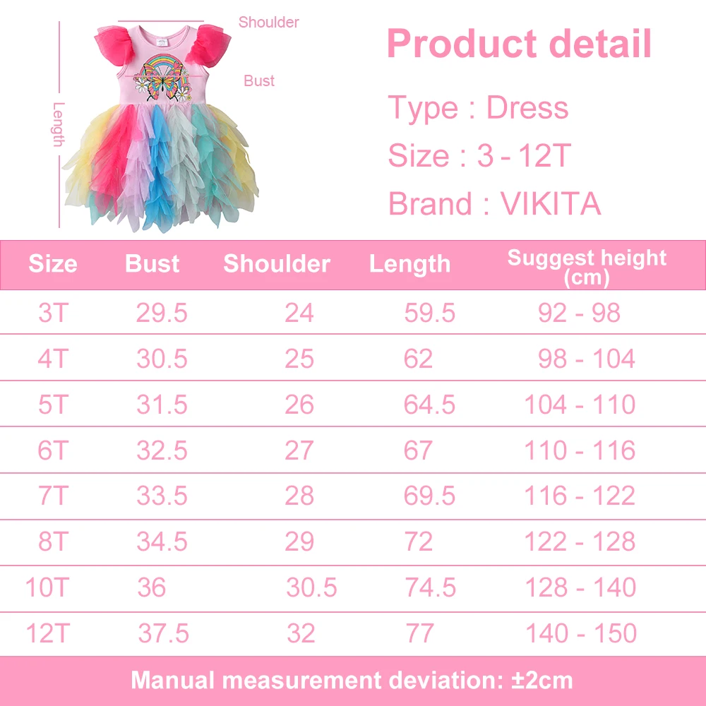 VIKITA Girls Butterfly PrintbDress Kids Flare Sleeve Summer Dresses Girl Rainbow Colorful Layered Mesh Tulle Tutu Princess Dress