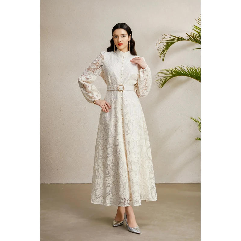 Spring Autumn High End Elegant Birthday Party Women's Dress New French Hook Flower Single Breasted Slim Lace Long Dress S89