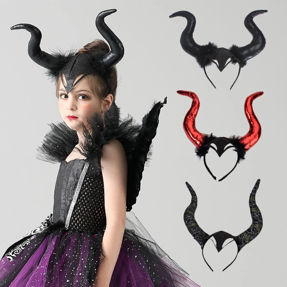 

Girls Women Halloween Long Demon Ox Horn Headband Evil Queen Glitter Hair Hoop Cosplay Costume Magic Witch Headpiece Accessory