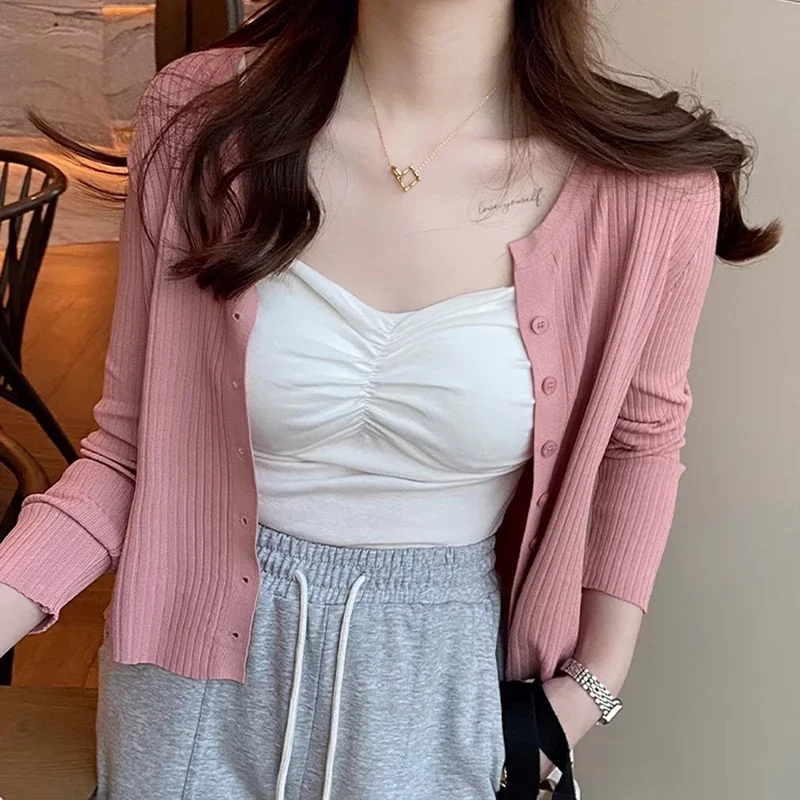 

2025 Long Sleeve Cropped Cardigans Women Thin Knitted Outerwear Solid Spring Summer Sweaters O Neck Korean Fashion Clothing