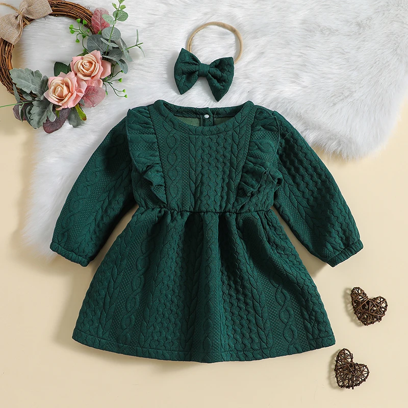 Baby Girl Knit Dress Long Sleeves Sweater Dress Toddler Fall Winter Outfits with Bowtie 6M-4Y Kids Girl Autumn Clothes