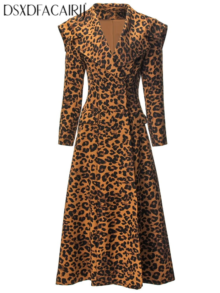 DSXDFACAIRIJ معطف نسائي بطبعة الفهد مزدوج الصدر مع ياقة بحار وأكمام طويلة وجيوب شارع العليا للخريف