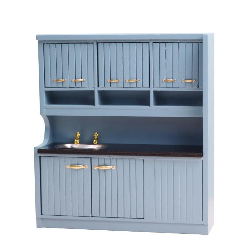 مجموعة مطبخ بيت الدمى بمقياس 1:12 - أثاث مصغر حديث مع خزانة على سطح الطاولة، نموذج طعام للعب