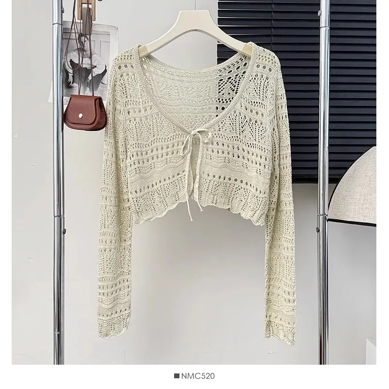 Temperament Solid Hook Flower Hollow Out Sun Protection Cardigan V-neck Lace-up Long Sleeve Knit Top Summer Loose Casual Tippet