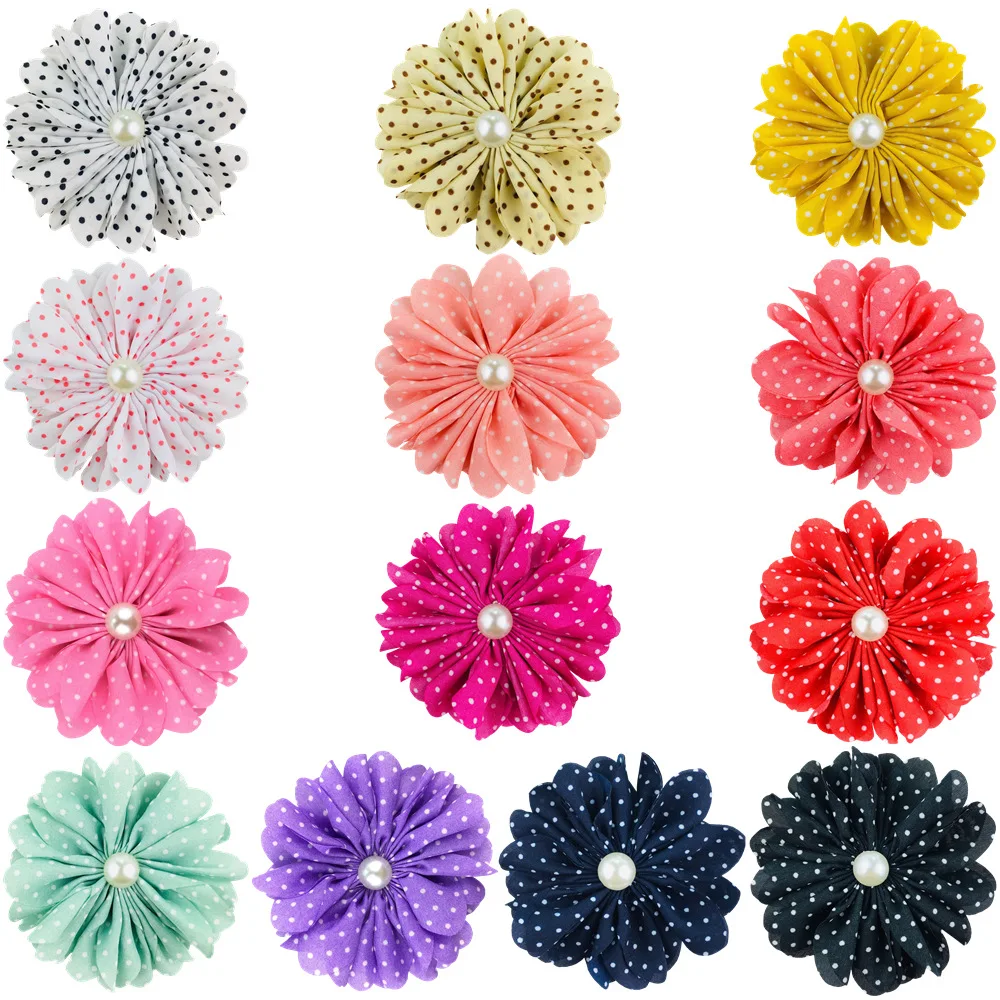 

100 Pcs/Lot, 3.15” Polka Dot Fabric Flower With Pearl, DIY Ballerina Flower For Headbands, Shoes Brooches, Flower Embellishments