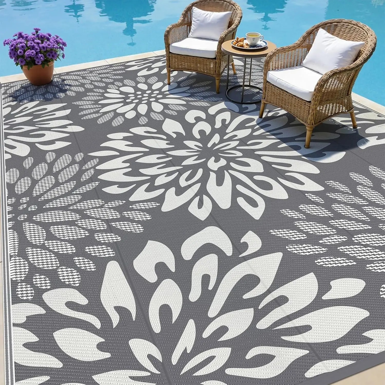 

Waterproof Outdoor Rug 9x12 for Patios, Floral Reversible Plastic Straw Rug Patio Mat, Indoor Outdoor Carpet RV Mat Camping R