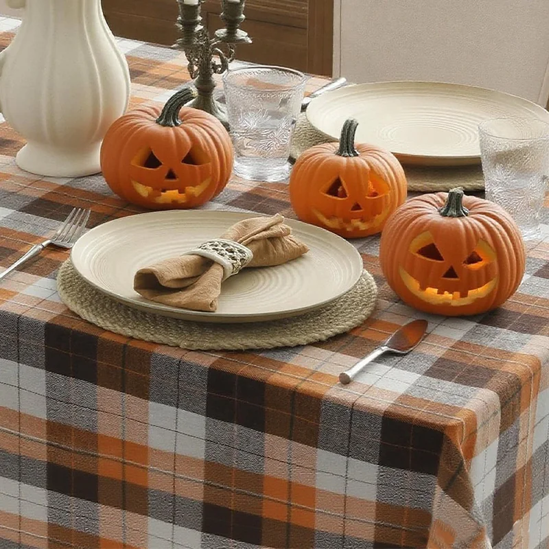 مفرش طاولة مستطيل منقوش مربع للخريف للهالوين لعيد الشكر باللون البني للمطعم والمطبخ والحفلات والديكور اليومي