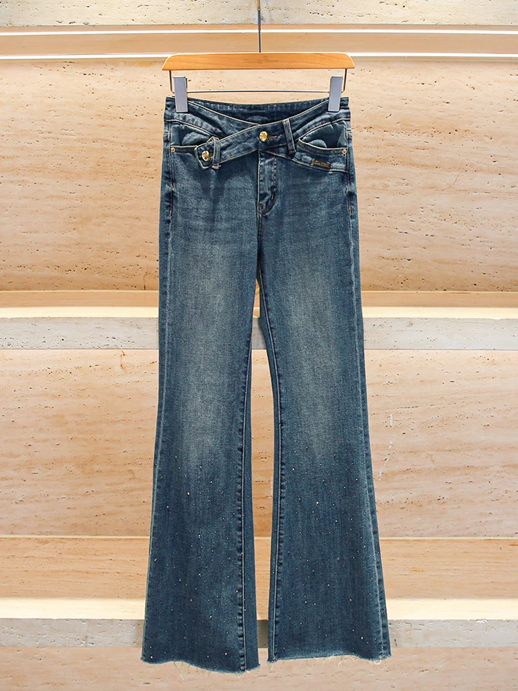 High Waist Shiny Sequin Women's Jeans Flared Leg Casual Style Vintage Finish Four Seasons Standard Fit Comfortable Denim Blue