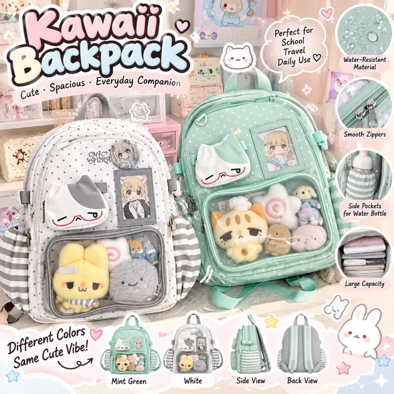 Y2K Mint Green Itabag Backpacks Cute Clear Transparent Window Plush Display Large Capacity Student School Bookbag Girls Gift New