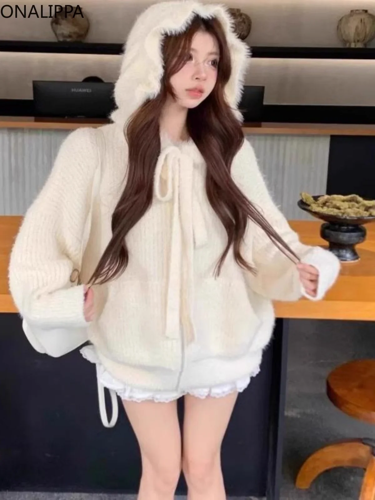 Onalippa Imitation Mink Fur Horsehair White Cardigan Women Pure Design Wind Zip Up Cardigans Korean Hooded Casual Hoodies