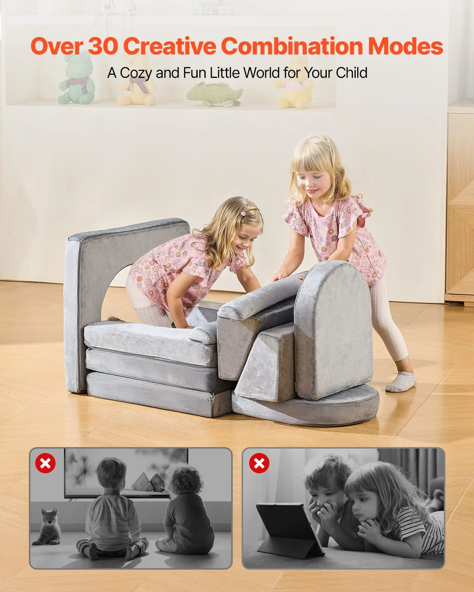 10個のモジュール式キッズプレイカウチ、変形可能な幼児用ソファ、28Dスポンジと洗えるカバー付き、プレイルーム用DIYクリエイティブコンビネーション