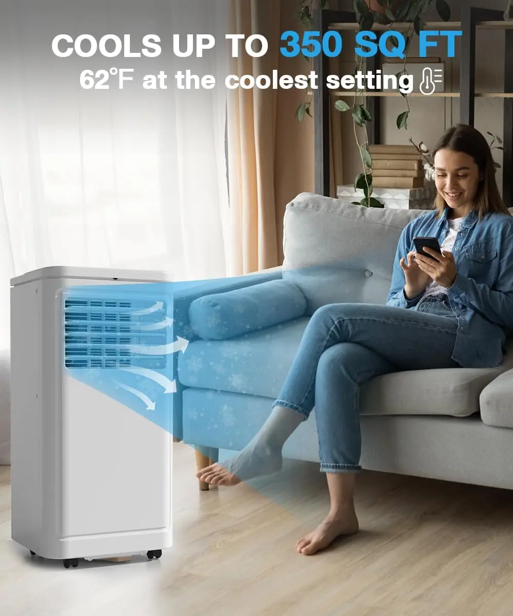 Condicionador de ar portátil Pebble, 8000 BTU para sala de até 350 pés quadrados, CA com desumidificador e ventilador, 2 velocidades do ventilador, 24h