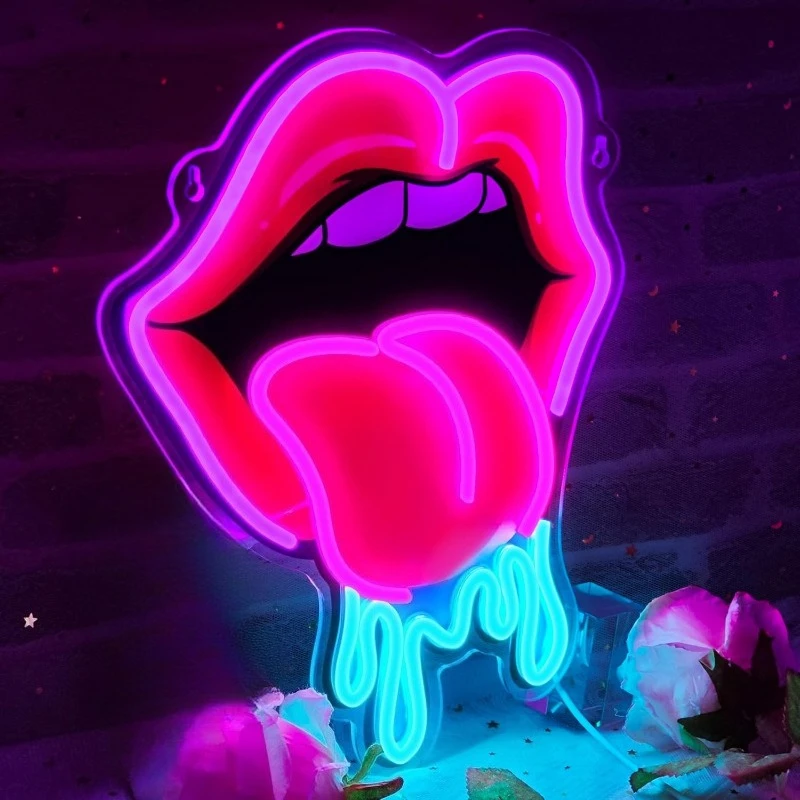 Lips Tongue Neon Sign UV Print Neon Light for Wall Decor USB Powered LED Neon Signs for Bar Pub Man Cave Bedroom Decoration