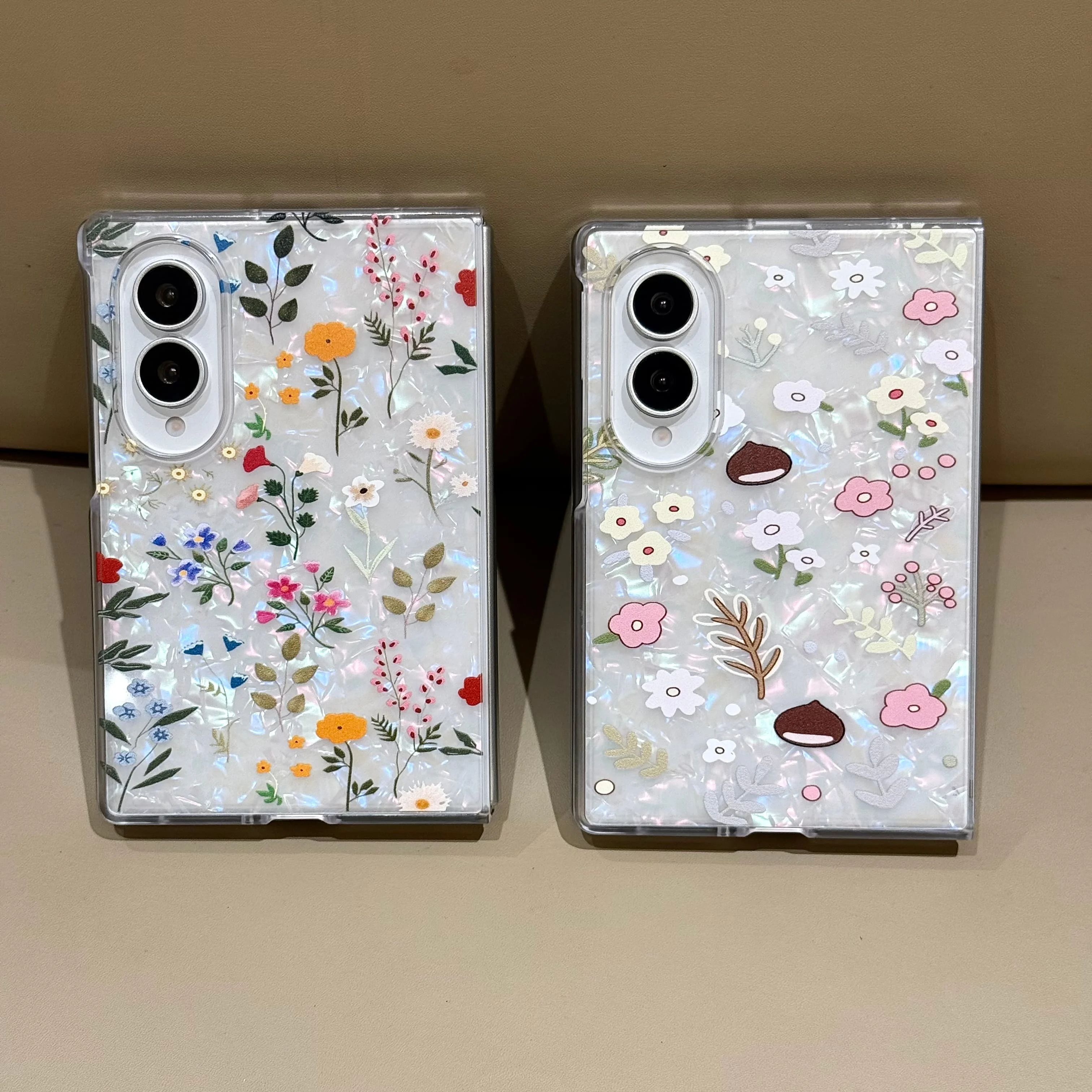 Kawaii Botanical Floral Design Clear Pattern Pearl Bow Bracelet Phone Case For Samsung Galaxy Z Fold 8 7 6 5 Shockproof Cover