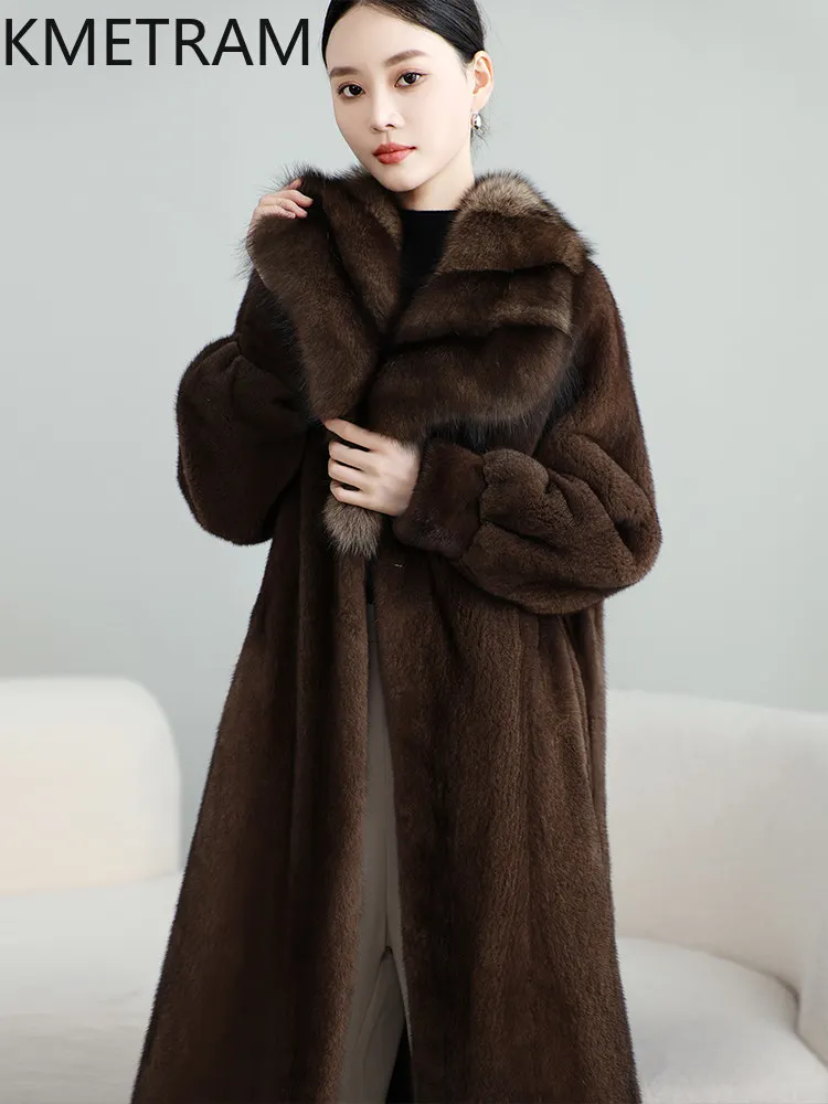 KMETRAM Natural Whole Mink Fur Long Coats Women Lapel Luxury Winter Fur Jacket Warm Real Fur Coat Woman Clothes 2026 casaco pelo