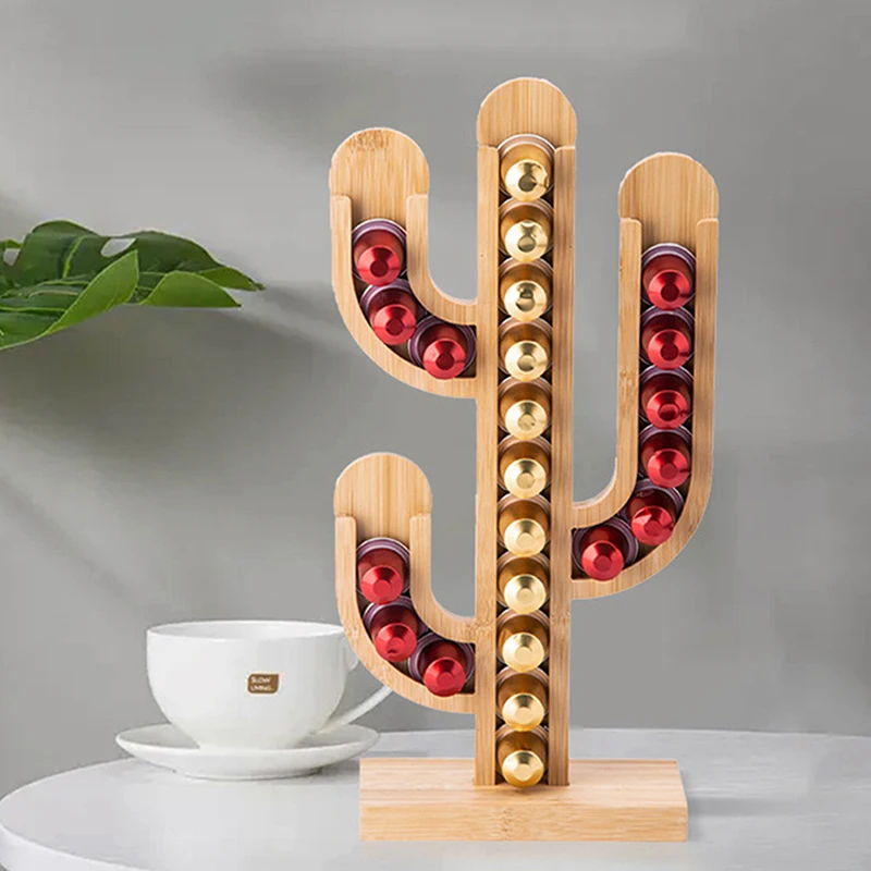 Cactus Shape Coffee Capsule Storage Holder Wood Rotating Shelf Capsule Dispenser Coffee Capsule Organizer