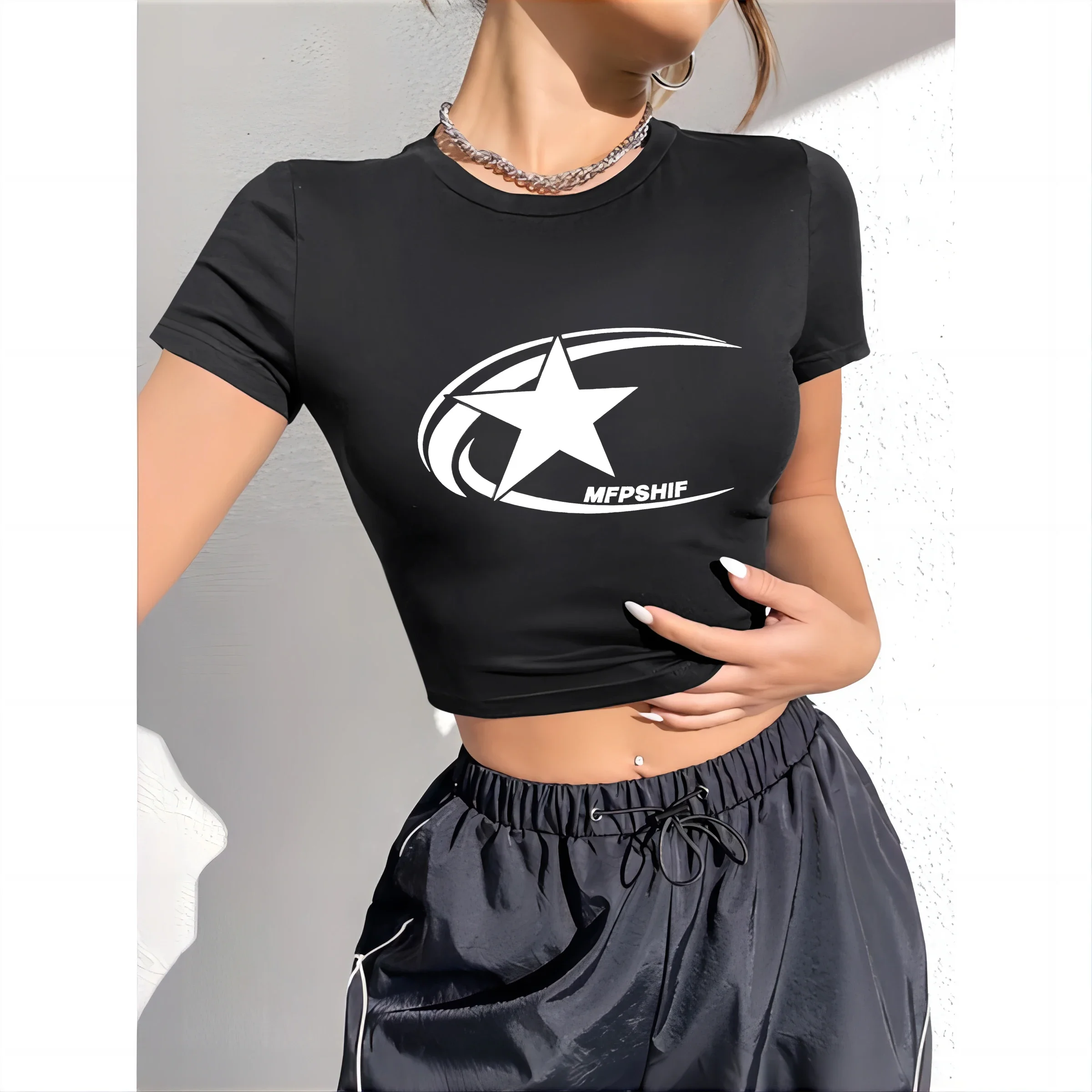 Y2K Vintage Print Elastic T Shirt Women Slim Crop Top Ribbed Long Sleeve O-neck Tops Grunge Tee Korean Style Pullovers New