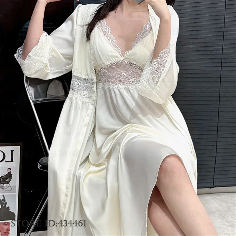 หญิงยาว Robe ชุดนอน Burgundy ผ้าไหมซาตินเสื้อคลุมอาบน้ํากิโมโนชุดฤดูใบไม้ผลิฤดูร้อนชุดนอน Nightgown Elegant Home Dress