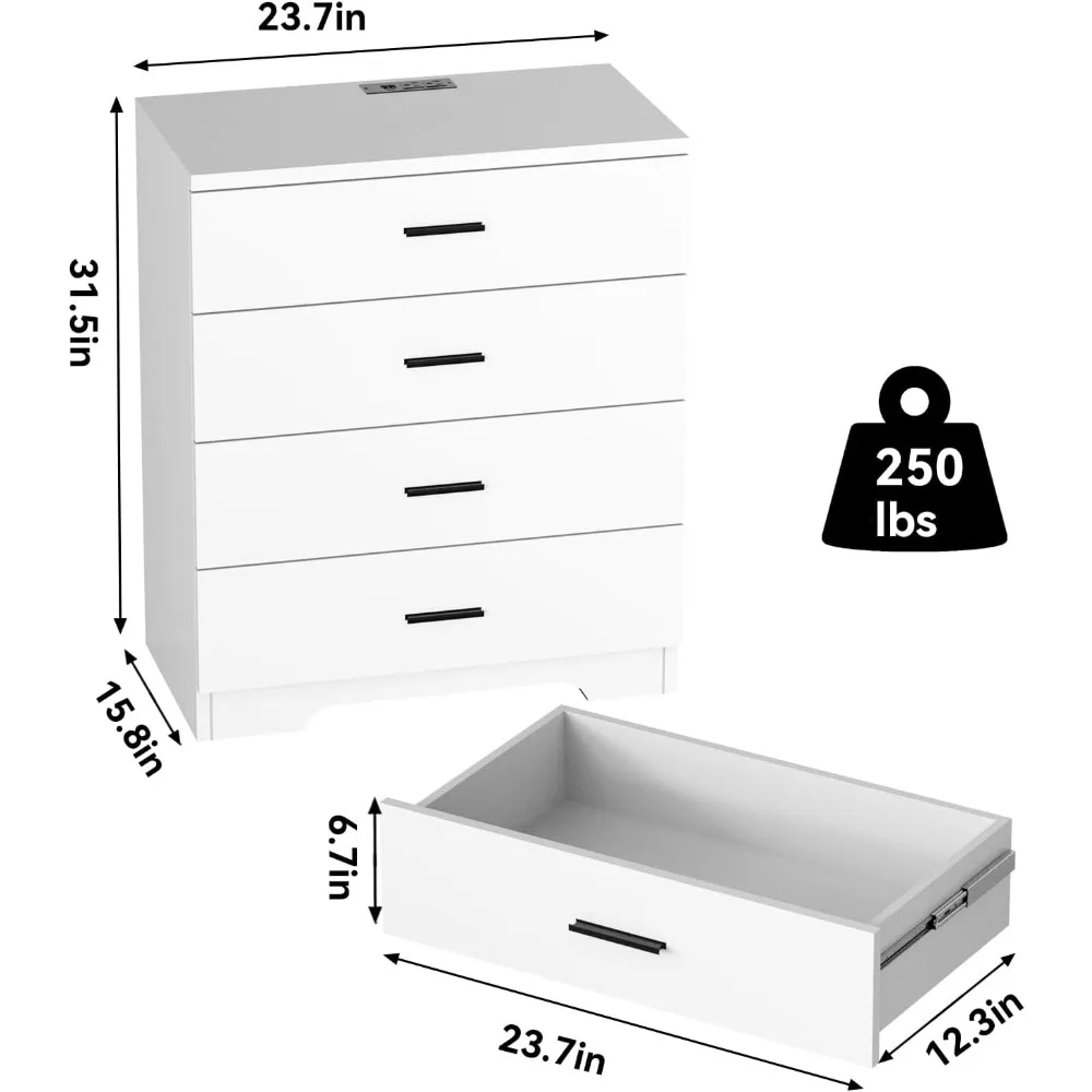 خزانة خشبية ذات 4 أدراج مع منافذ طاقة ومنافذ USB/Type-C لتخزين غرفة النوم بأسلوب أبيض طويل القامة