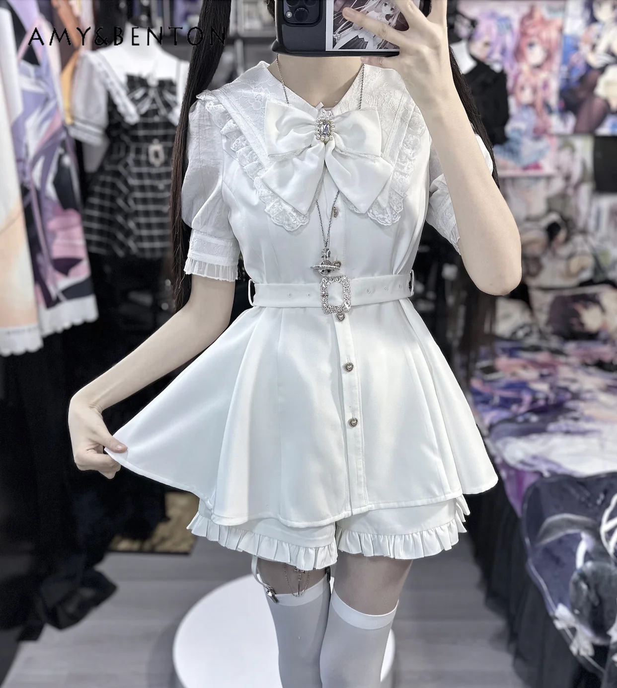 Japanese Mine Mass-Produced Sailor Collar Dress Sets Summer Sweet Bow Short Sleeve Slim Mini Dress Wide Leg Pants Two-Piece Set