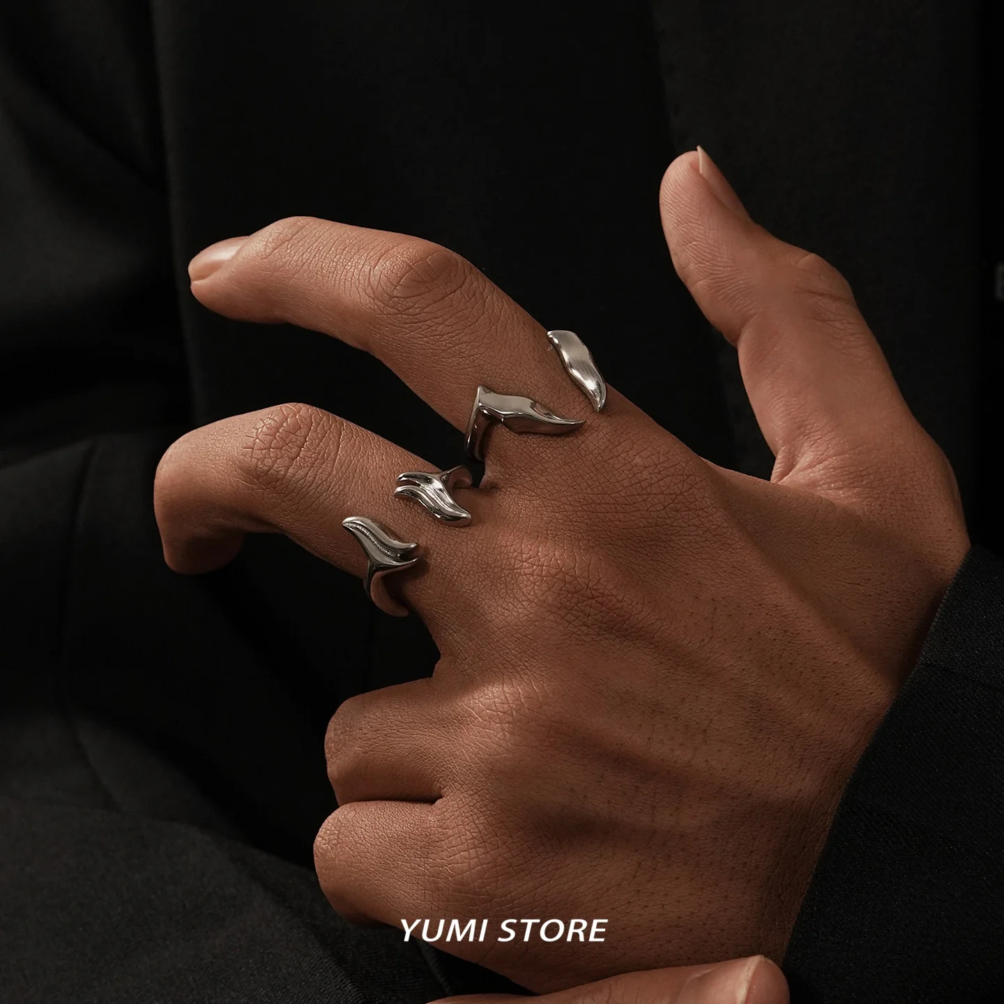 New Steel Abstract Horn Open Ring Unisex Statement Double Spike Hip Hop Cool Minimalist Punk Streetwear Jewelry for Men Woman