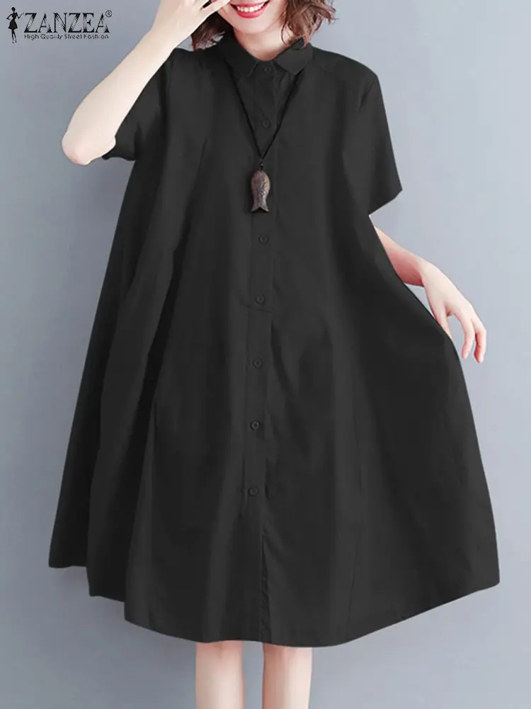 

Women Fashion Shirt Dress ZANZEA Summer Oversize Sundress Elegant Lapel Neck Short Sleeve Robe Casual Baggy Work Vestidos Kaftan