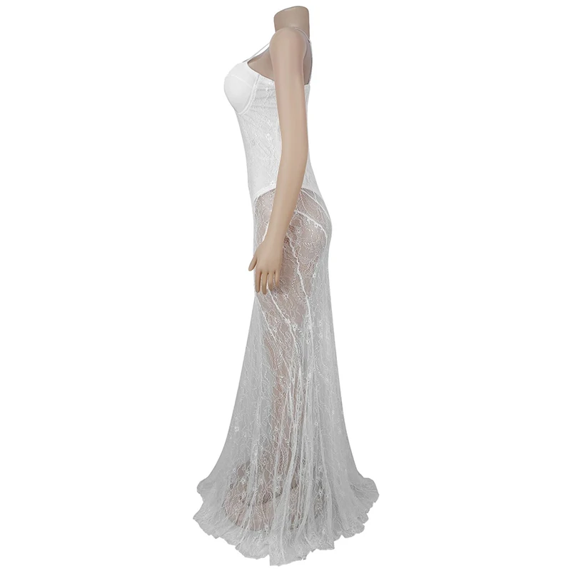 Kricesseen 新しいシックなシアーレーススパゲッティストラップストラップ付きロングマキシドレスグラムシースルー高級誕生日ドレスクリスマス衣装