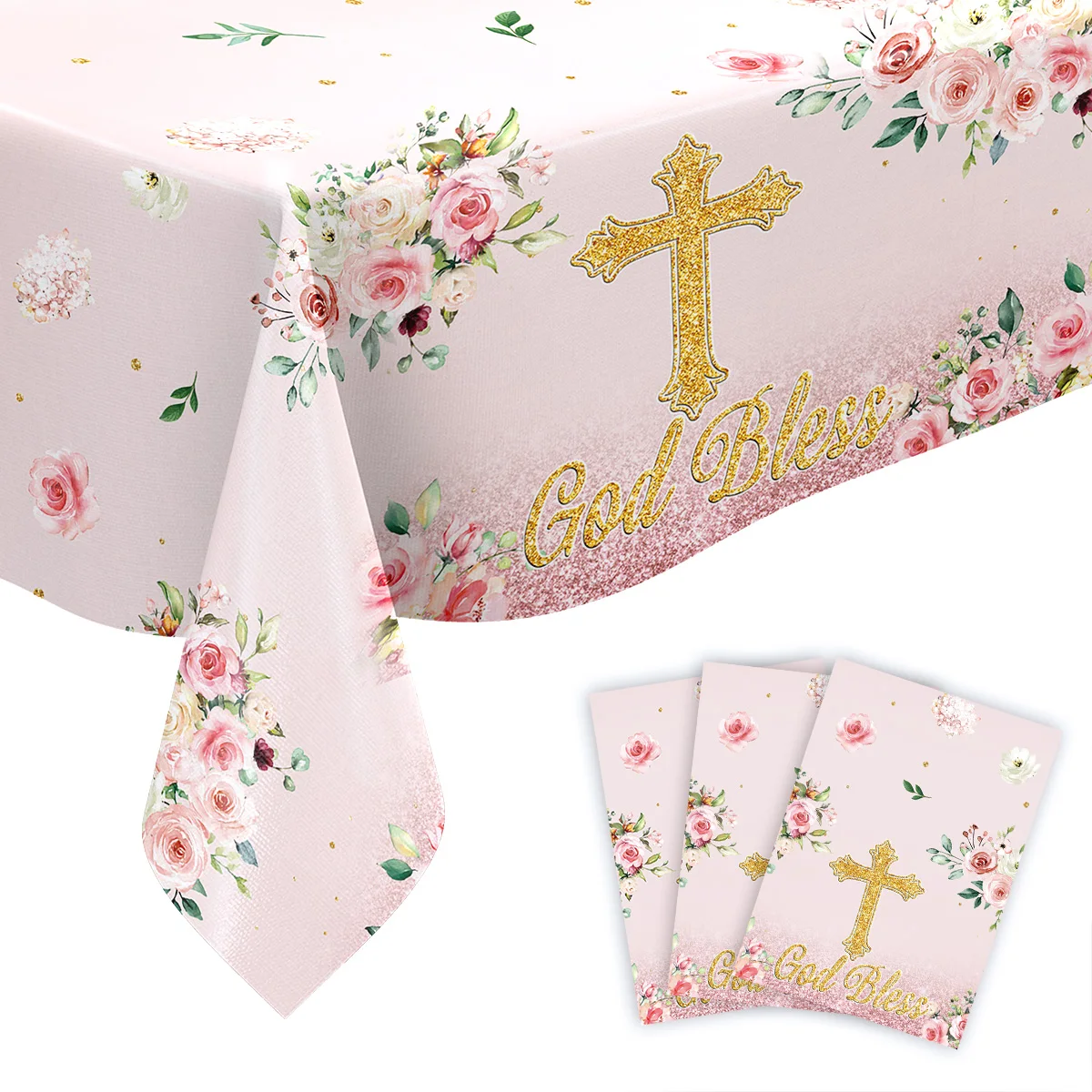 1/3Pcs Taufe Erstkommunion Tischdecke Kreuz Design Gott segne Baby Dusche Kinder Geburtstag Party Supplies – Detail 3