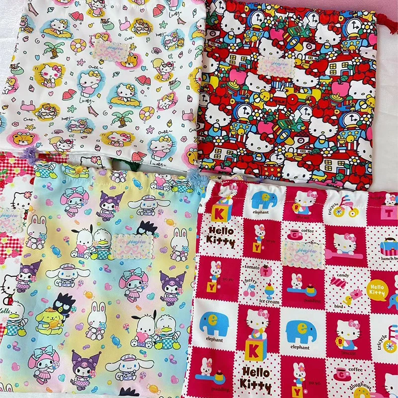 Prachtige Cartoon Sanrio Hello Kitty Trekkoord Stoffen Tas Kawaii Geruite Reizen Cosmetica Opbergtas Ondergoed Opbergtas