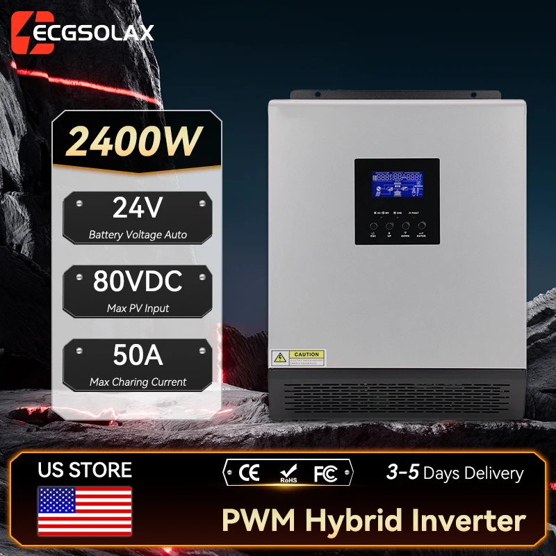 ECGSOLAX 2400W Hybrid Solar Inverter 24V 110V Pure Sine Wave Off Grid Inverter 3KVA With PWM 50A Solar Charger 50HZ/60HZ