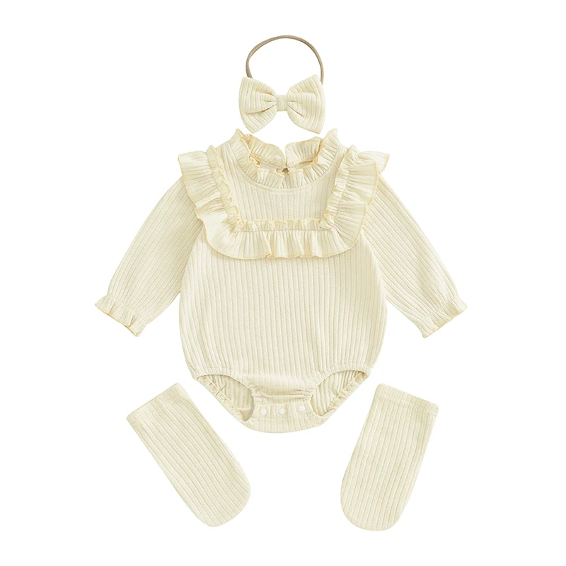 Baby Girls Long Sleeve Romper Ruffled Round Neck Ribbed Jumpsuits Bow Headband Socks Fall Outfits