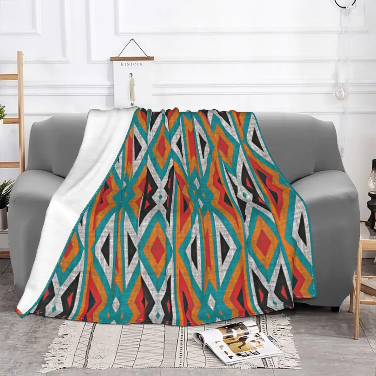 Unique Teal Blue Red Orange Tribal Mosaic Blankets Coral Fleece Plush Winter Multi-function Soft Throw Blankets for Bed Bedroom